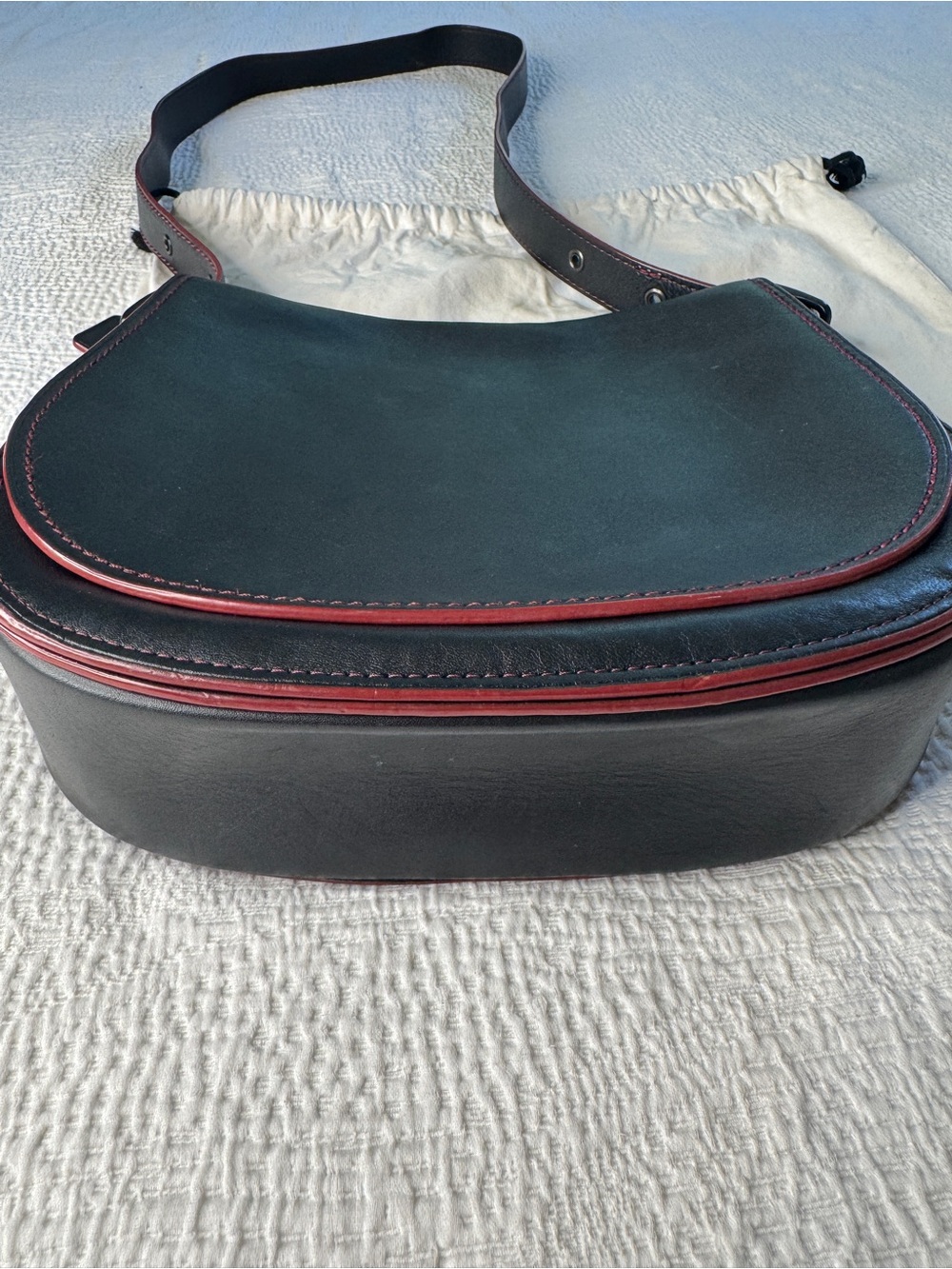 Coach 1941 Black Leather Crossbody large Saddle Bag with Oxblood Red Accents. - Picture 4 of 10